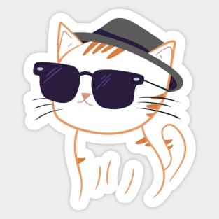 Ginger Cat Outline: Minimalist Art with Square Shades & Grey Hat Sticker